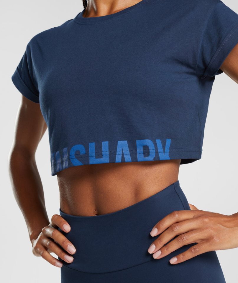 Women's Gymshark Fraction Cropped Tops Navy | NZ 9MAOQP